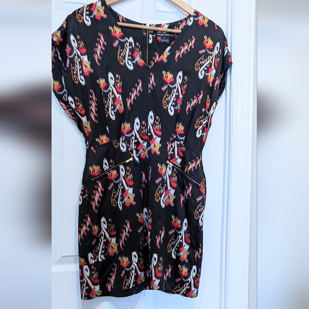 French Connection Silk Dress. Black with Colourful Print. Sz 4.